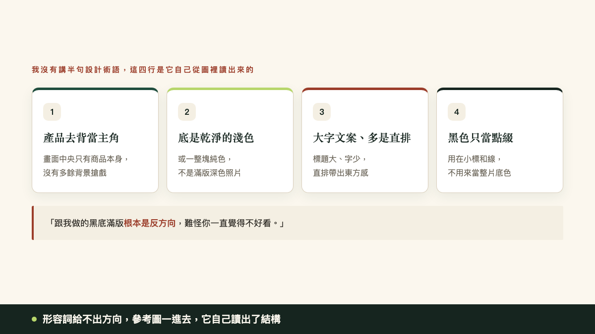 四張參考圖的共同點：產品去背當主角、乾淨淺色底、大字直排、黑色只當點綴