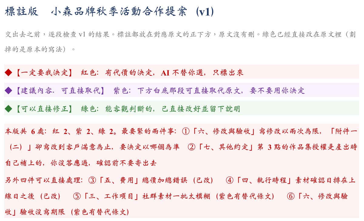 標註版文件的最上面：紅色一定要我決定、紫色建議內容可直接取代、綠色可以直接修正，下面是本版最要緊的兩件事