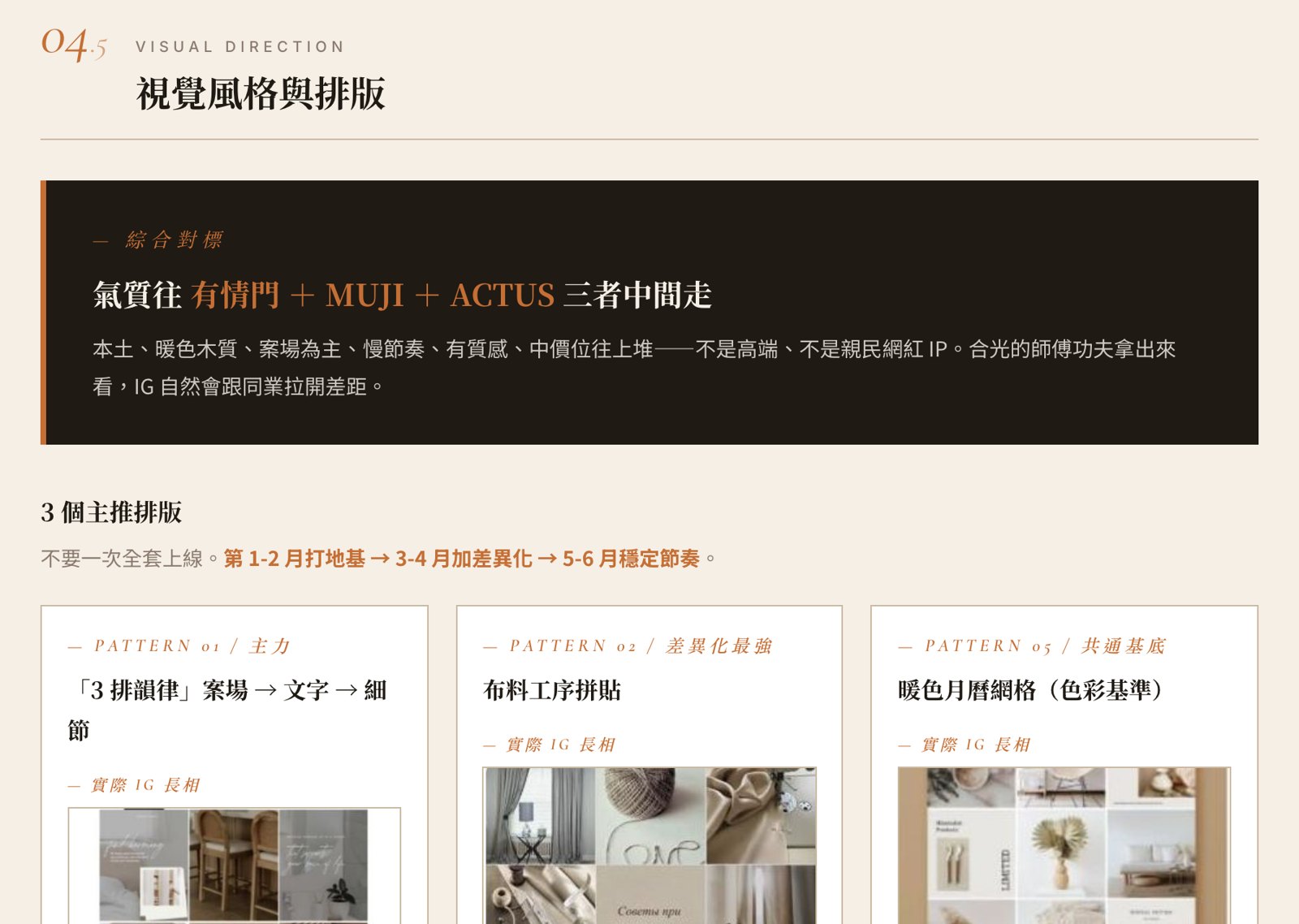 提案網頁中的一段:視覺風格與排版,下方接著三種主推排版的卡片