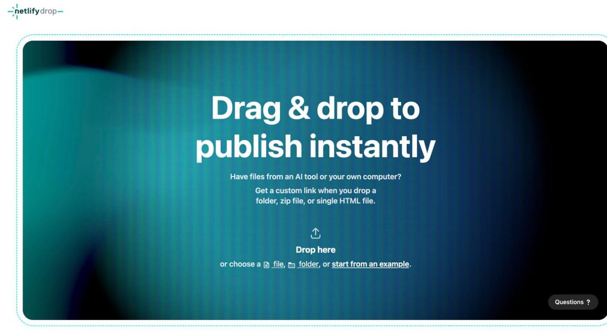 Netlify Drop 頁面:中間寫著 Drag & drop to publish instantly,可以拖入資料夾、ZIP 檔或單一 HTML 檔