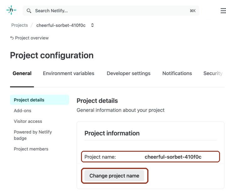 Netlify 的 Project configuration 頁面,General 分頁下的 Project details,框起 Project name 與 Change project name 按鈕
