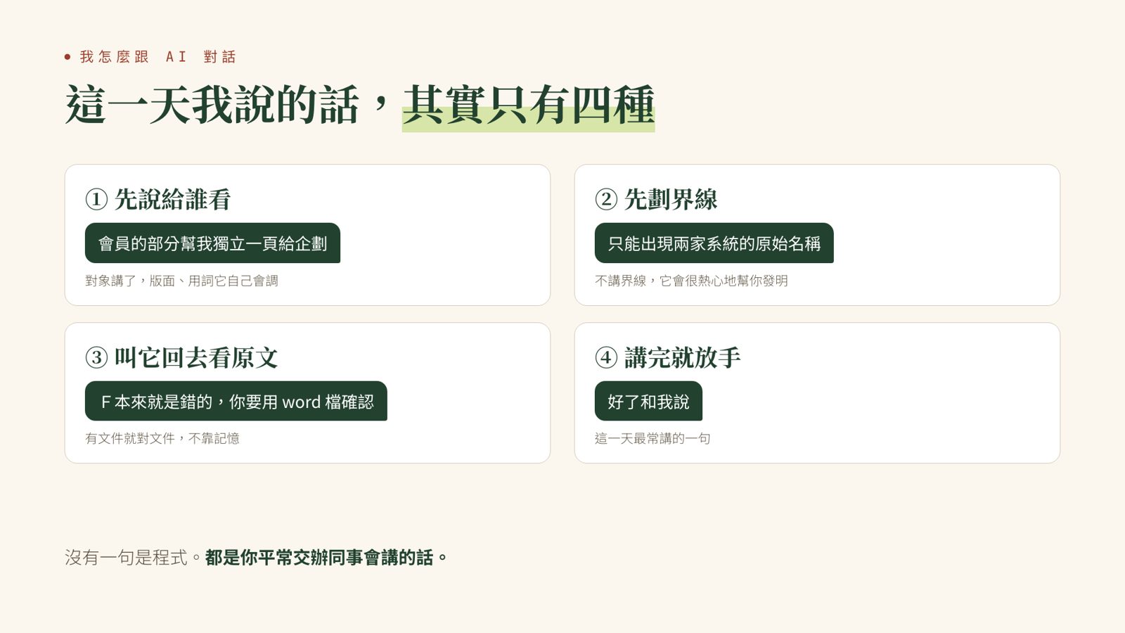 簡報畫面：這一天我說的話其實只有四種，先說給誰看、先劃界線、叫它回去看原文、講完就放手，每一種下面附一句原話