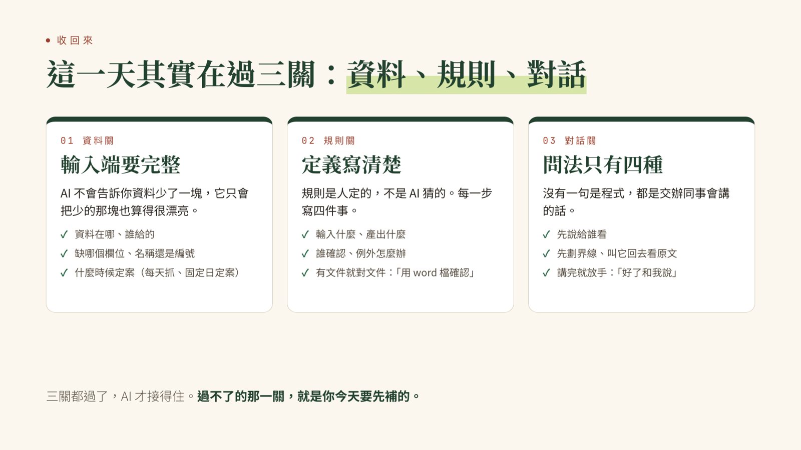 簡報畫面：這一天其實在過三關，資料關是輸入端要完整，規則關是定義寫清楚，對話關是問法只有四種